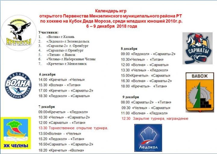 6-9 декабря 2018г. в ледовом дворце "Юность" будет проходить Открытое Первенство Мензелинского муниципального района РТ по хоккею на Кубок Деда Мороза, среди младших юношей 2010 г.р.